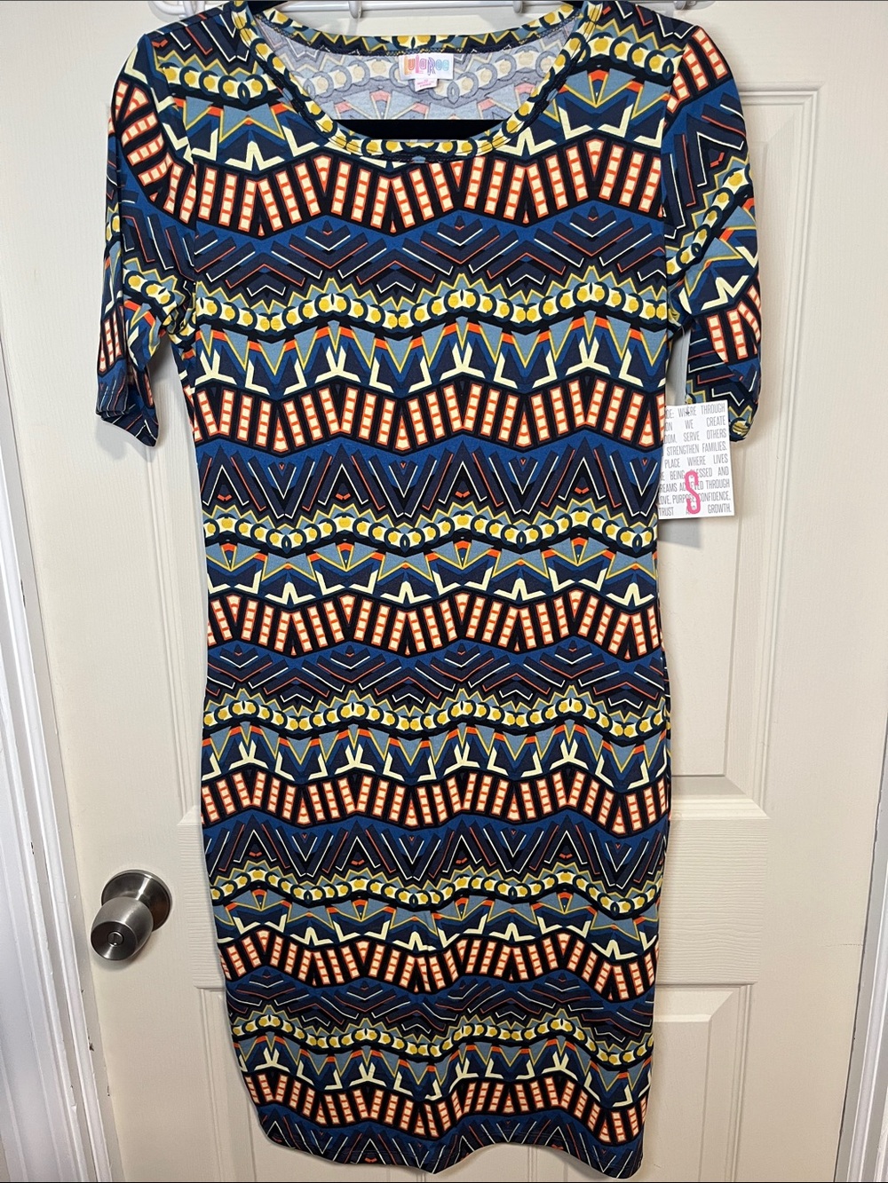 LuLaRoe Navy Geometric Midi Dress with Orange and Yellow Accents